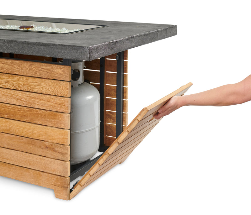 Outdoor GreatRoom Darien 44-in Rectangular Teak Propane Fire Pit Table with Gray Everblend Top