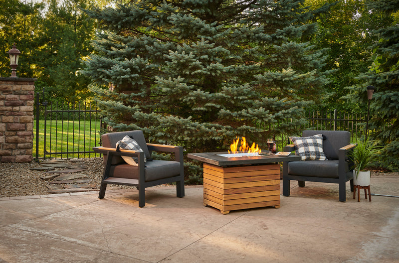 Outdoor GreatRoom Darien 44-in Rectangular Teak Propane Fire Pit Table with Gray Everblend Top