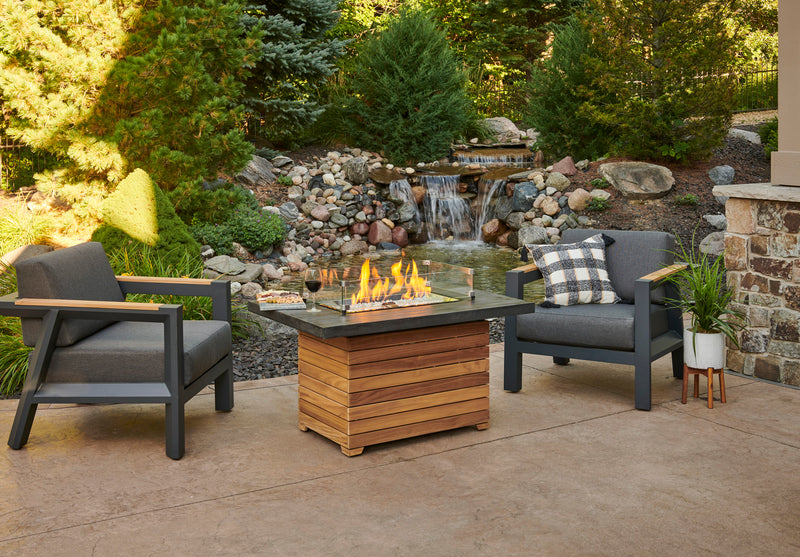 Outdoor GreatRoom Darien 44-in Rectangular Teak Propane Fire Pit Table with Gray Everblend Top