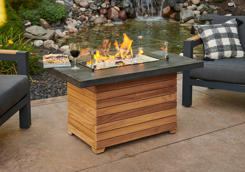 Outdoor GreatRoom Darien 44-in Rectangular Teak Propane Fire Pit Table with Gray Everblend Top