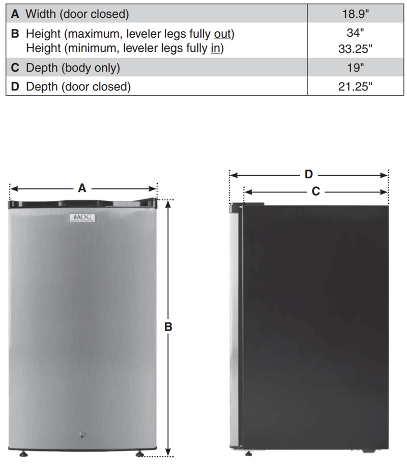 American Outdoor Grill 4.0 Cu. Ft. Below Counter Refrigerator w/ Lock and Reversible Door Hinge